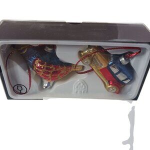 Ikea Glass Bird & Car Christmas Ornaments Set With Red Ribbon Set of 2